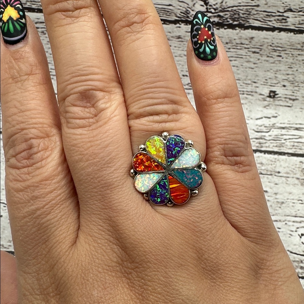 Sterling Silver Multicolor Flower Petal Zuni Inlay Ring